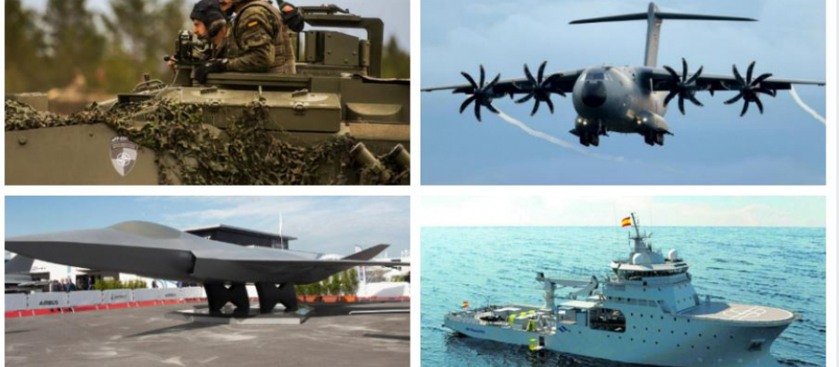 Un Leopard, el A-400M, el futuro caza europeo FCAS y el nuevo buque de acción marítima