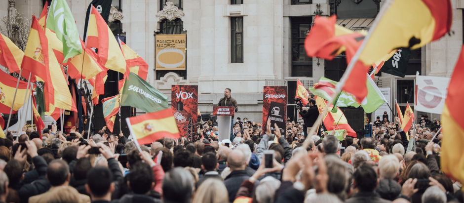 Santiago Abascal, durante la manifestación de Vox junto al Sindicato Solidaridad del pasado marzo, en la madrileña plaza de Cibeles