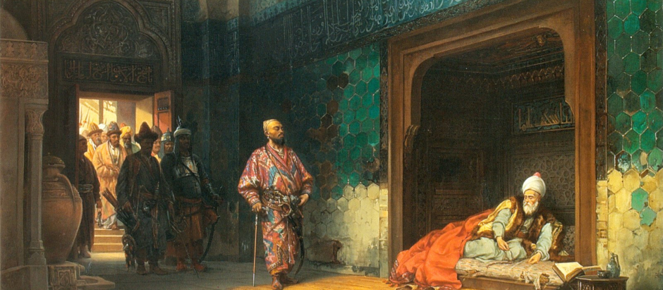 Pintura del siglo XIX que representa a Bayezid I siendo cautivo por Timur