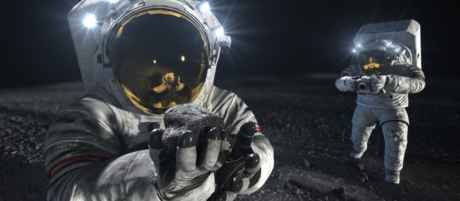 Dos astronautas trabajan en la superficie lunar, en una recreación artística