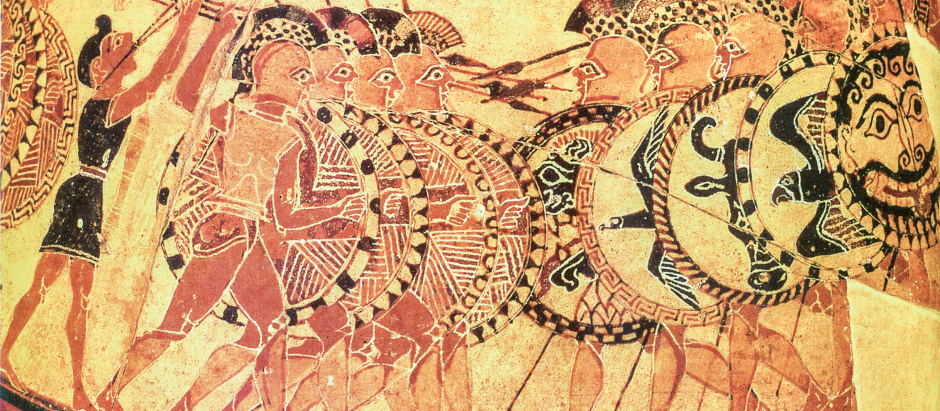 Jarrón Chigi con hoplitas sosteniendo jabalinas y lanzas