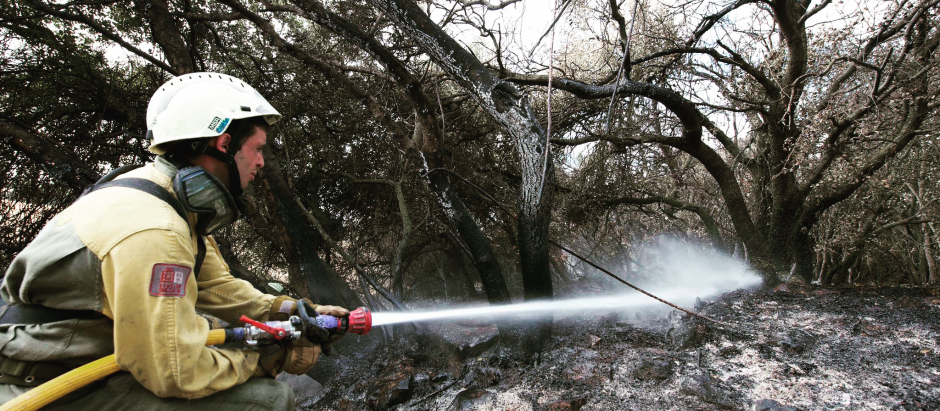 Un bombero trata de estabilizar uno de los incendios de Navarra