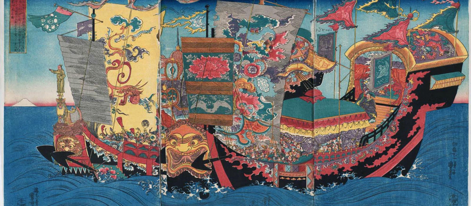 La expedición de Xu Fu que en 219 a. C. partió en busca del elixir de la vida por orden de Qin Shi Huang. Pintura japonesa del siglo XIX