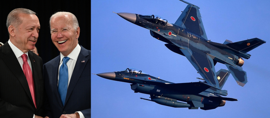 El presidente de Turquía, Recep Tayip Erdogan, y el presidente de Estados Unidos, Joe Biden, junto a unos cazas F-16