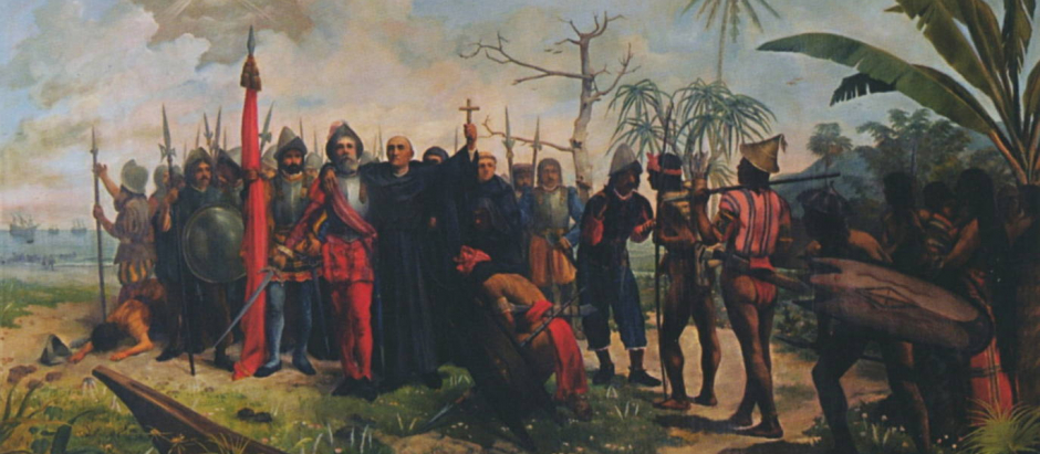 Cuadro del pintor filipino Telesforo Sucgang que recoge la llegada de Miguel López de Legazpi y fray Andrés de Urdaneta a Filipinas
