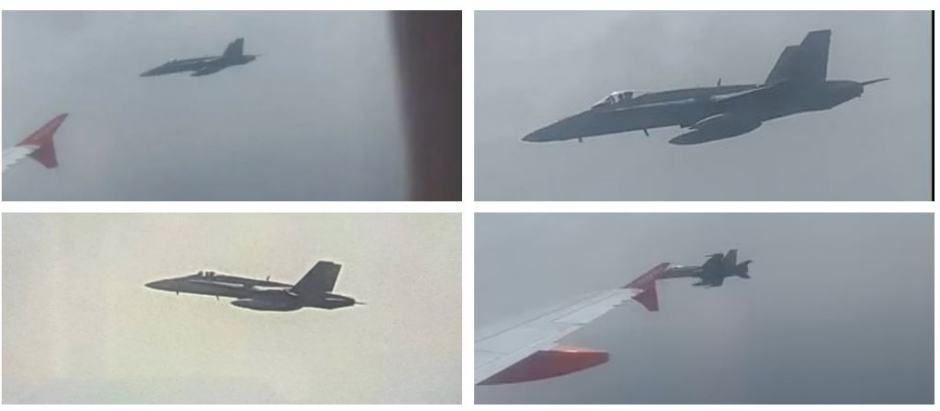 Imágenes del F-18 durante su escolta al avión operado por Easy Jet