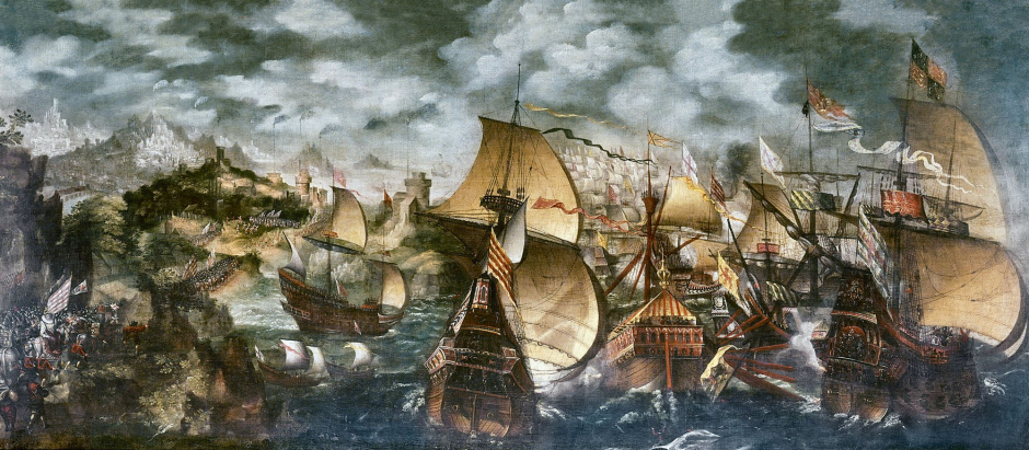 Isabel I y la Armada española, óleo atribuido a Nicholas Hilliard, que probablemente representa la batalla naval de Gravelinas