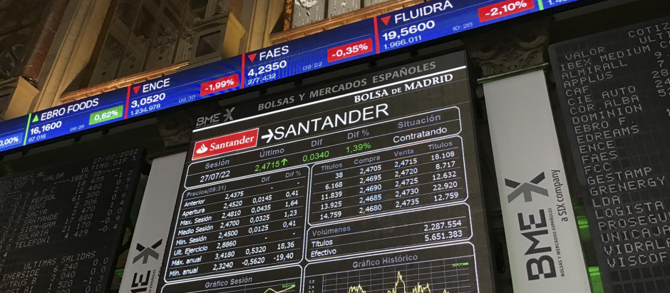 Una pantalla muestra información bursátil del Banco Santander tras la apertura de la sesión de la Bolsa de Madrid