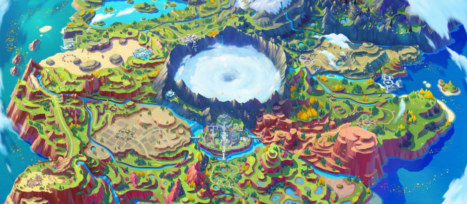 Mapa de Paldea, isla imaginaria donde se sucede la trama de las nuevas entregas de Pokemon Escarlata y Púrpura