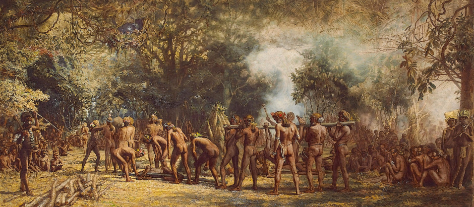 Una fiesta caníbal en Tanna. Charles E. Gordon Frazer, 1885.