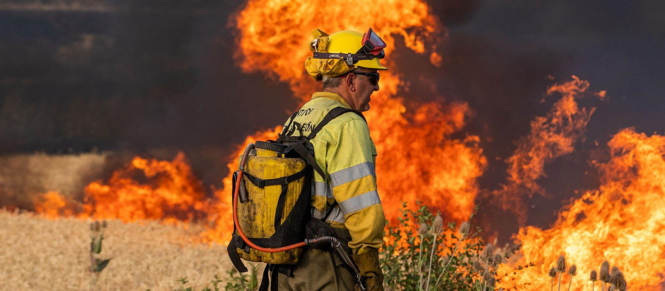 Un bombero observa las llamas del incendio declarado en Burgos