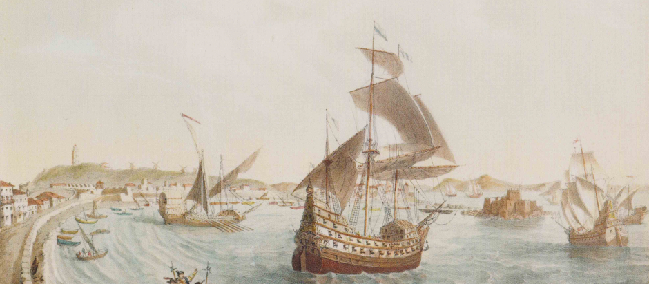 El grabado representa la partida de la expedición de García Jofre de Loaísa del puerto coruñés