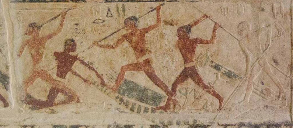 Representación de pescadores justas en la tumba Mastaba de Niankhkhnum y Khnumhotep, Saqqara, Egipto