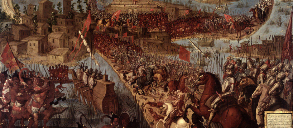 "Conquista de México por Cortés". El sitio de Tenochtitlan por el conquistador español Hernán Cortés, durante la Conquista de México