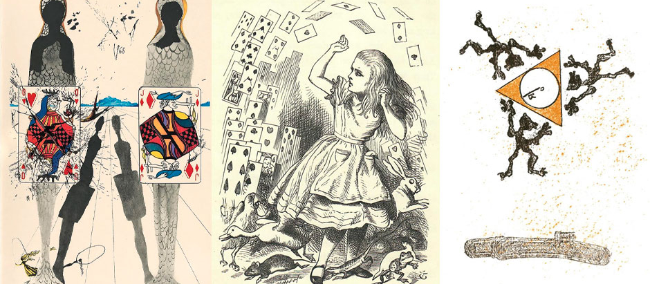 Una obra de Saslvador Dalí (dcha), otra de John Tenniel, y una de Max Ernst (izqda) inspiradas en la obra de Lewis Carroll, Alicia en el País de las Maravillas