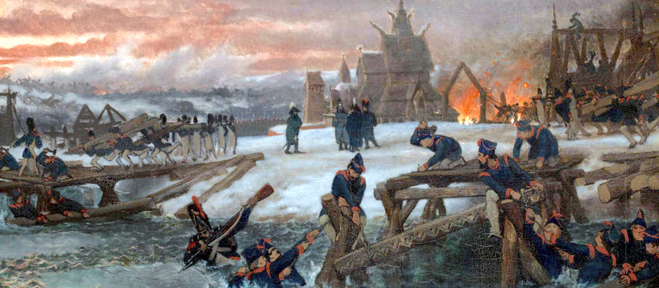 A las órdenes del capitán George Diederich Benthien en el río Berézina, el 26 de noviembre de 1812, se inició la construcción de dos puentes provisionales que salvarán una parte del gran ejército de Napoleón