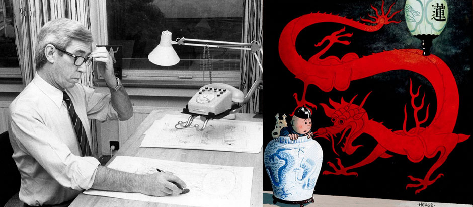 El dibujante Hergé trabajando y, a la derecha, una ilustración realizada para el cómic Tintín y el Loto Azul, uno de las entregas más célebres de la obra del belga