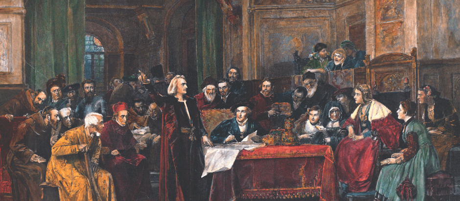 Colón en la corte de Fernando el Católico. Xilografía según un óleo de Wenzel Von Brozik. Siglo XIX