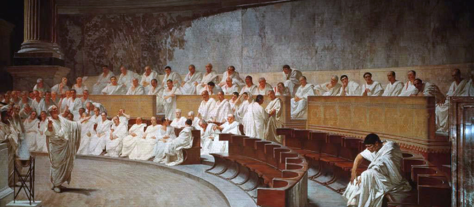Cicerón , autor del libro clásico Las leyes, ataca a Catilina por intentar un golpe de Estado en el Senado romano