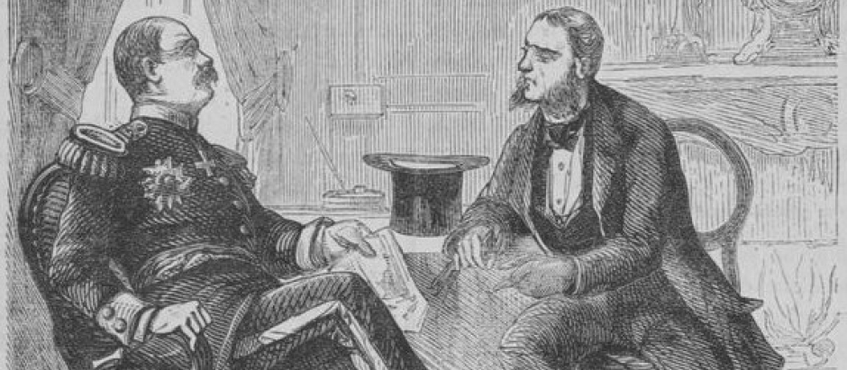 Entrevista entre Bismarck y Régnier (grabado de Cardon según H. Riballier, 1873)