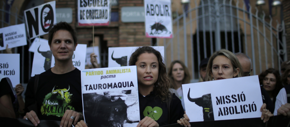 Demonstrators protest of PACMA against bullfighting in Barcelona, Spain, Friday, Oct. 7, 2016.