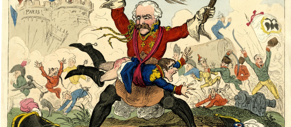 Blücher en París «tocando el tambor de la victoria» sobre la anatomía de Napoleón (caricatura de George Cruikshank, 1814)