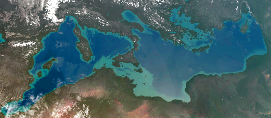 El mar Mediterráneo en la época de la última glaciación , a la vez una imagen de cómo sería desde el espacio tras la realización de Atlantropa