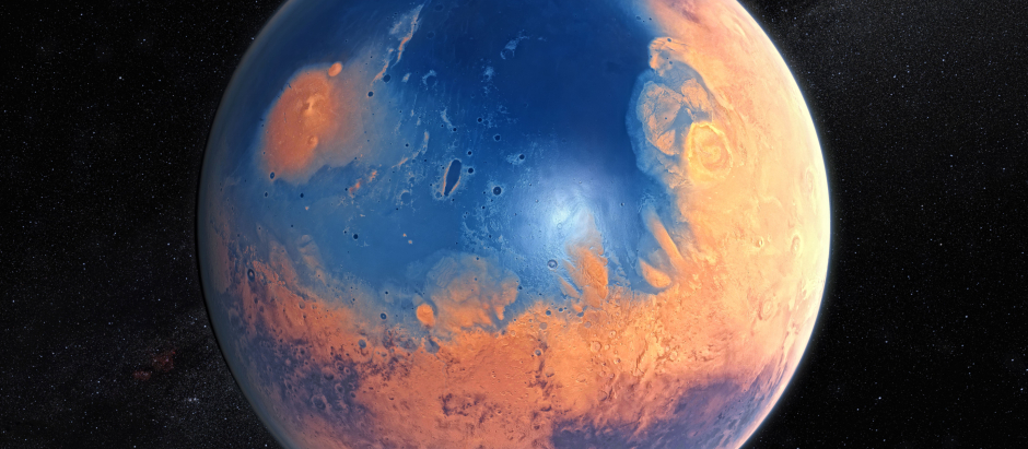 Recreación artística de un Marte primigenio cubierto por océanos