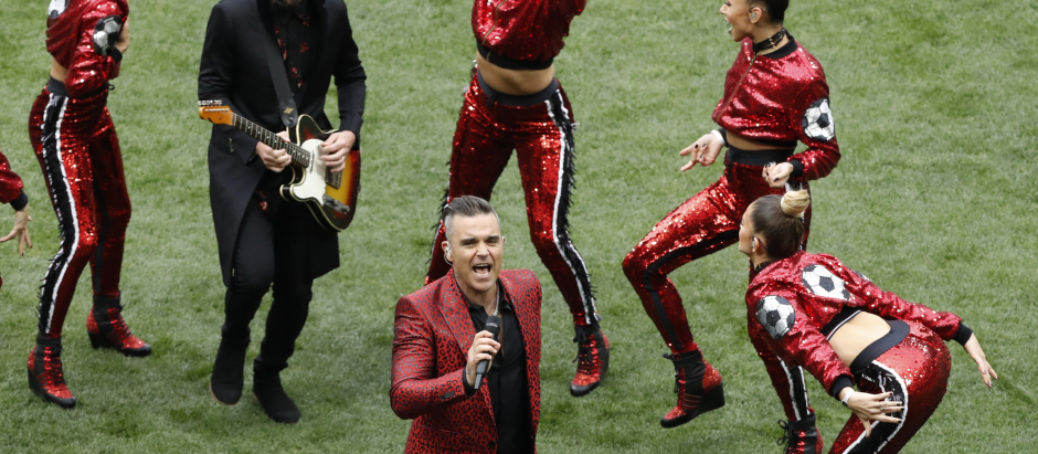 Robbie Williams, en su actuación en la Copa del Mundo en Moscú, Rusia, en 2018