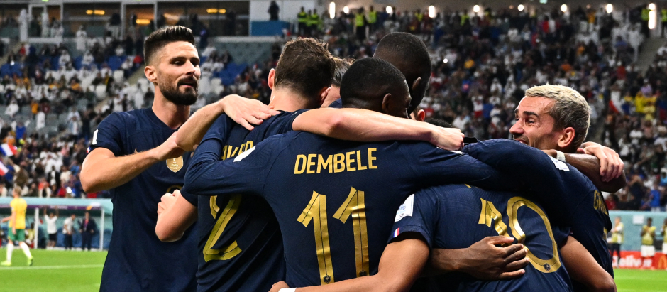 La celebración de Francia en uno de sus goles a Australia en su primer partido