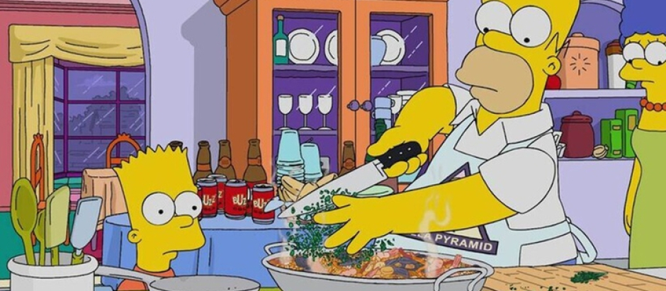 Escena del capítulo de los Simpson en el que Homer cocina una supuesta paella catalana.