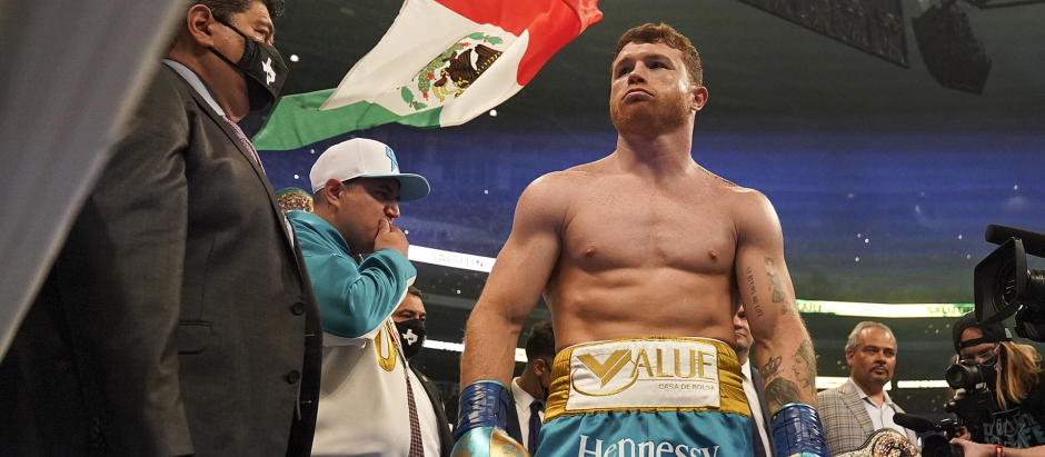 Canelo Alvarez  during super middleweight world championship boxing match, Saturday, May 8, 2021, in Arlington, Texas. *** Local Caption *** .