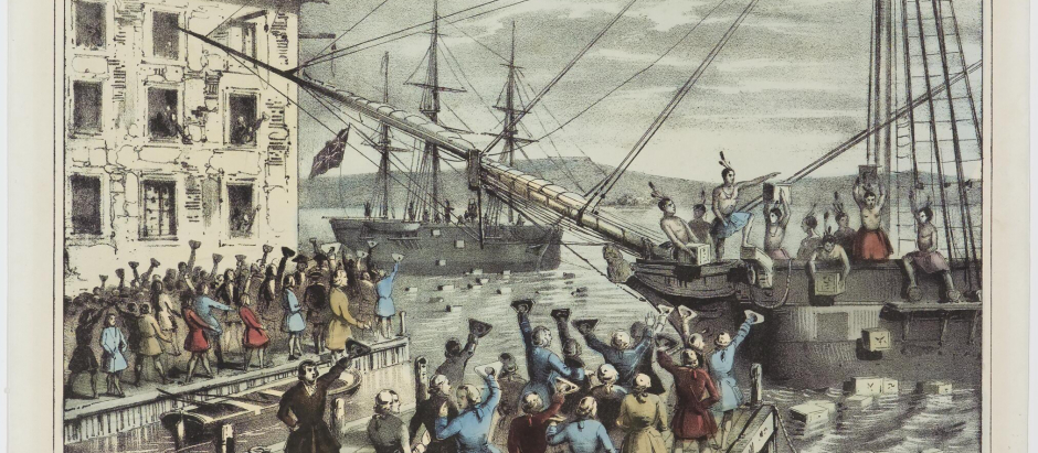 Litografía de 1846 de Nathaniel Currier se tituló La destrucción del té en el puerto de Boston