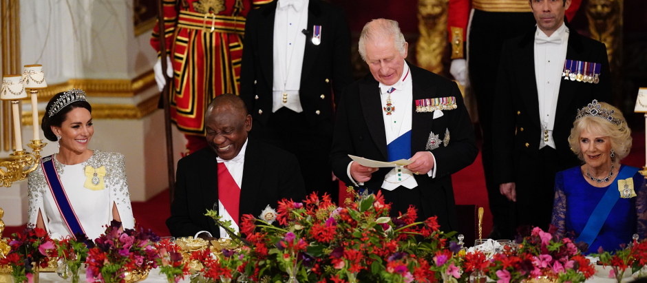 Britain's King Charles III,  Britain's Camilla, the Queen Consort, Kate Middleton and South Africa's President Cyril Ramaphosa attending the State Banquet held during the state visit to the UK by South Africa's President on Tuesday, Nov. 22, 2022 in London, England.