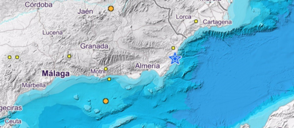 Mapa de localización del seismo registrado en la provincia de Almería