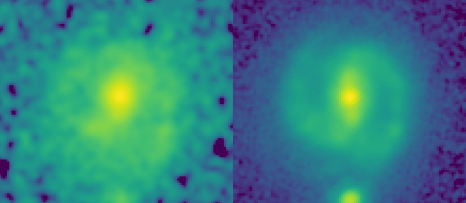 A la derecha fotografía de la galaxia por el Webb y a la izquierda por el Hubble