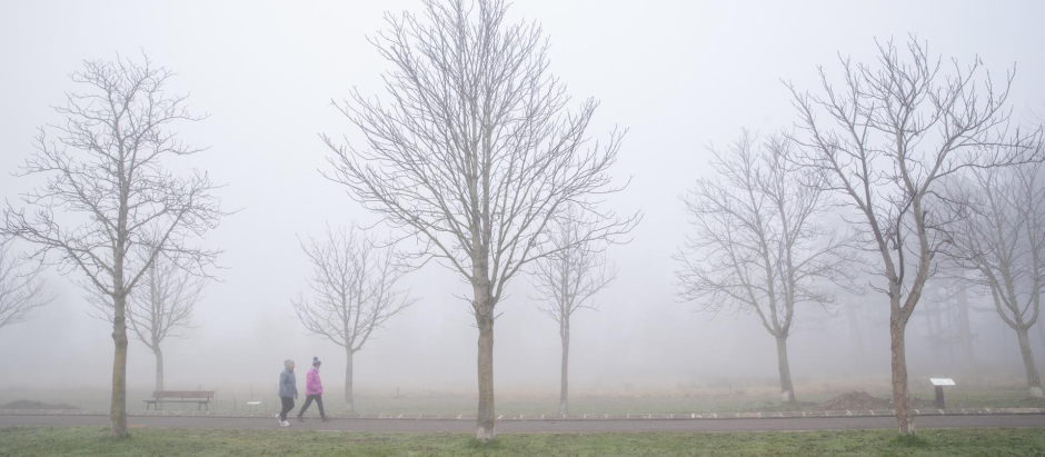 Dos mujeres pasean bajo la niebla en Vitoria, en el que el frío se ha dejado notar de nuevo con intensidad