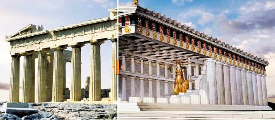 El Partenón de Atenas en la actualidad, y una reconstrucción de cómo era hace 2.500 años
