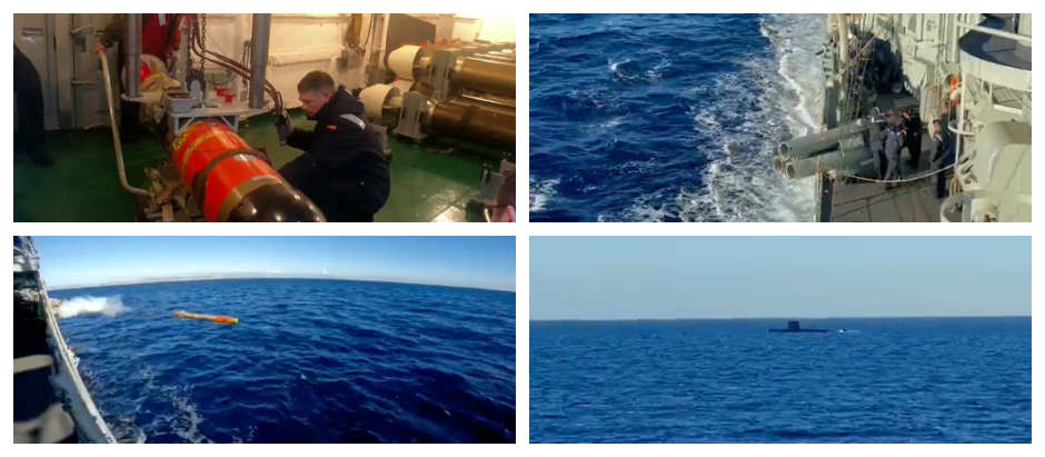 Secuencia del ejercicio del lanzamiento de torpedos en el que han participado la fragata Victoria y el submarino Galerna de la Armadaespañola