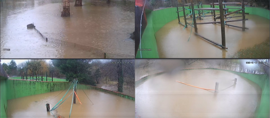 Vista de las instalaciones del Zoo de Santillana del Mar inundadas por la lluvia