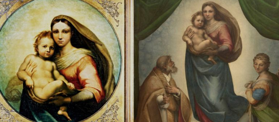 A la izquierda, el 'Brécy Tondo'. A la derecha, la 'Madonna Sixtina', de Rafael. Detalle