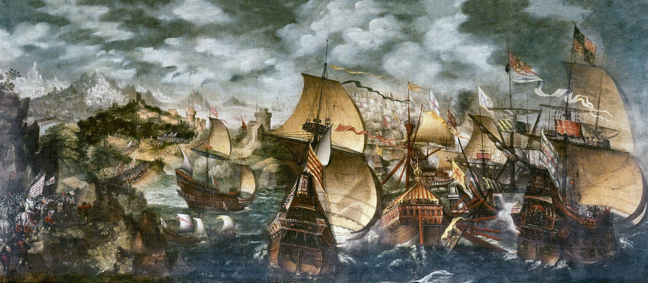 Isabel I y la Armada española. Óleo atribuido a Nicholas Hilliard, que probablemente representa la batalla naval de Gravelinas