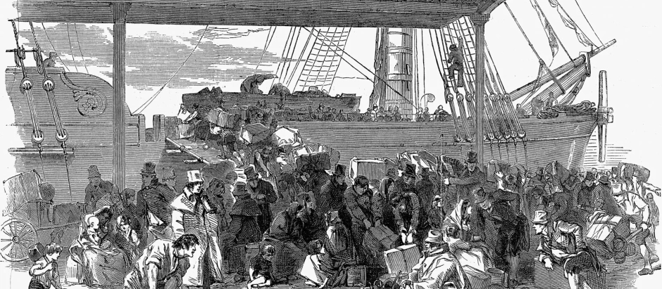 Víctimas de la Gran Hambruna llegando a Liverpool, Inglaterra; ilustración en el Illustrated London News, 6 de julio de 1850.