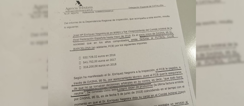 El informe de la Agencia Tributaria en el que se recoge el pago del Barcelona al vicepresidente del Comité de Árbitros