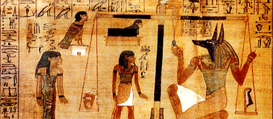 Juicio de los muertos: Anubis compara del corazón de Ani con la pluma de la Justicia. (Papiro de Ani)