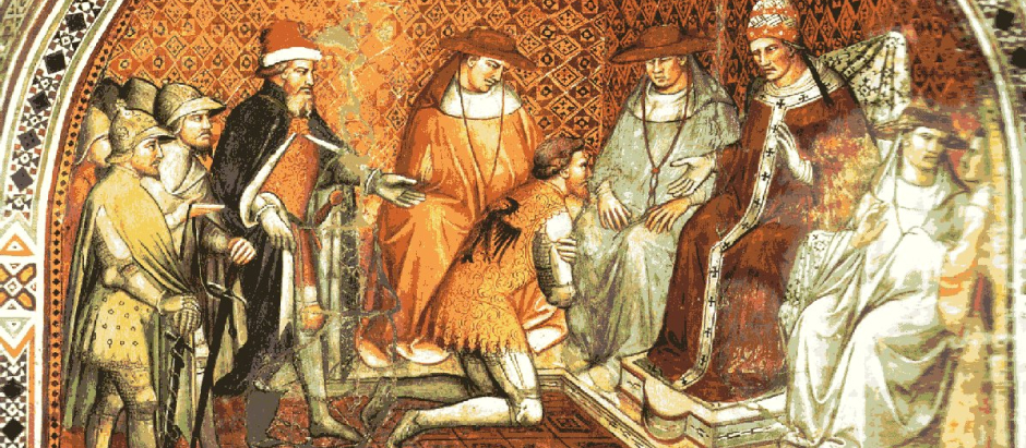Fresco del Palacio Público de Siena que representa la sumisión del Emperador al Papa