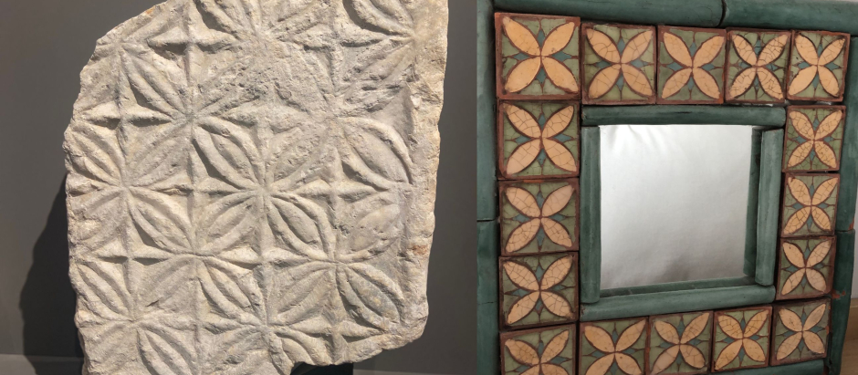 Fragmento de tablero de cancel (siglo IV) y marco de cerámica contemporánea
