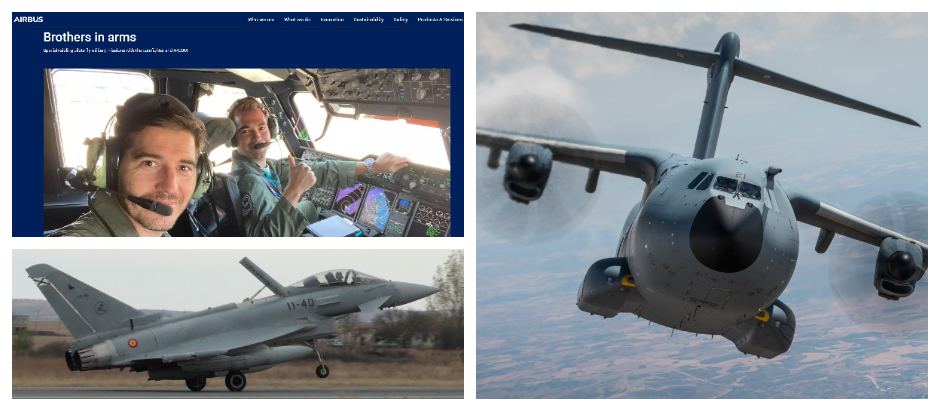 Imagen de los hermanos Álvarez, en la web de Airbus bajo el título "Brothers in arms"; abajo y a la izquierda, un Eurofighter y un A400M del Ejército del Aire español