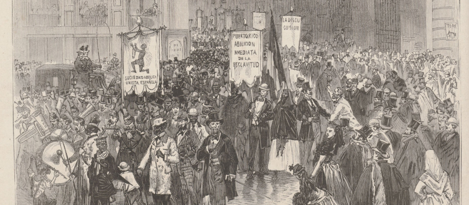 Manifestación en Madrid a favor de la abolición de la esclavitud el 12 de enero de 1873. Dibujo de Vierge a partir de un croquis de Urrabieta publicado en Le Monde Illustré