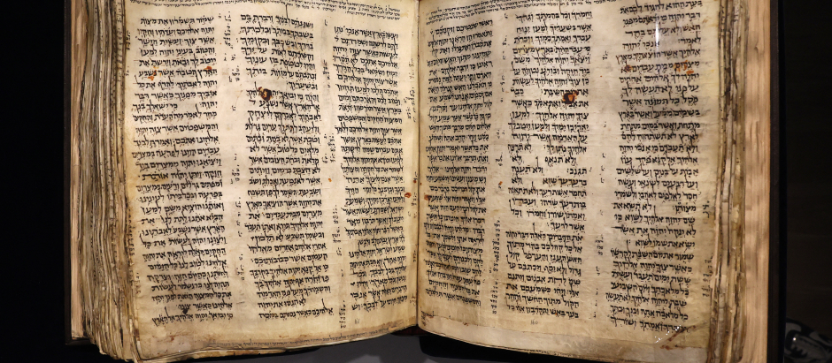 The Codex Sassoon, the earliest most complete edition of the Hebrew Bible, is pictured on March 22, 2023 at the ANU Museum of the Jewish People in Tel Aviv. - The manuscript, which is believed to be more than 1,000 years old, is set to be sold at auction in New York for up to an estimated $50 million. (Photo by JACK GUEZ / AFP)